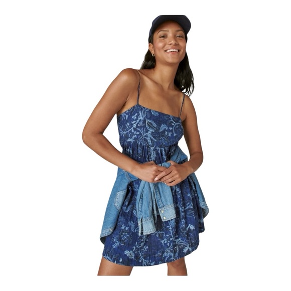 Lucky Brand Printed Mini Prep Dress Indigo Multi size Small Floral - Picture 2 of 8